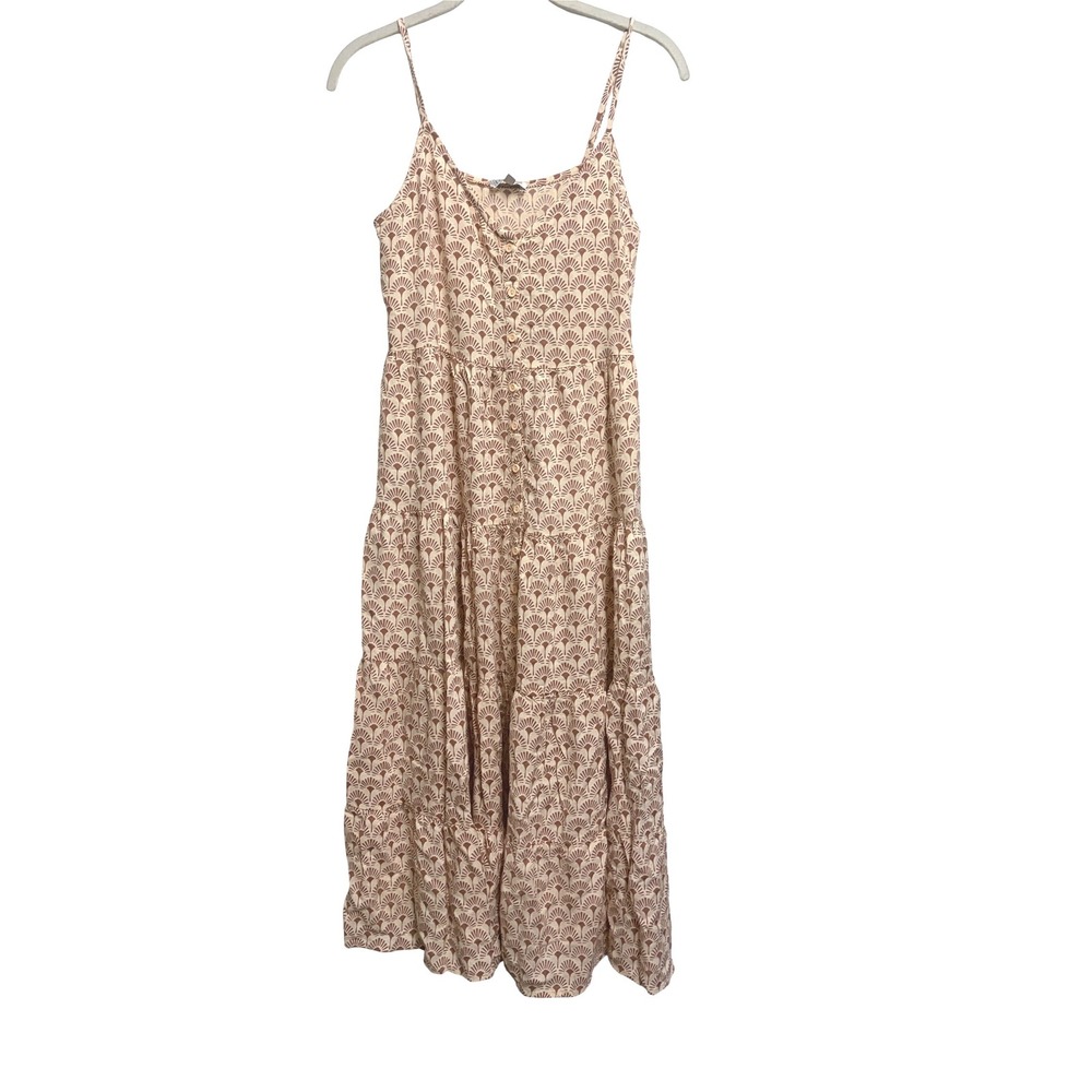 Patrons of Peace Tan Boho Tiered Button Front Rayon Midi Dress Small‎
